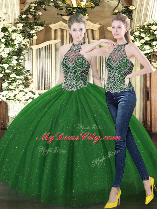 Dark Green Tulle Lace Up High-neck Sleeveless Floor Length Vestidos de Quinceanera Beading