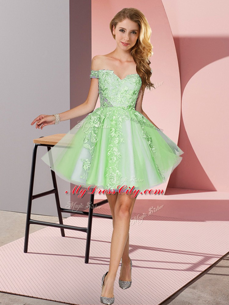 Apple Green A-line Tulle Off The Shoulder Sleeveless Appliques Mini Length Zipper Wedding Guest Dresses