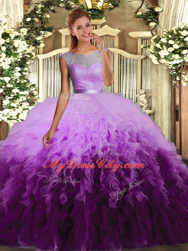 Custom Fit Floor Length Multi-color 15th Birthday Dress Organza Sleeveless Ruffles