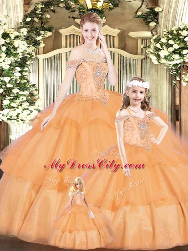 Captivating Orange Red Off The Shoulder Neckline Beading Vestidos de Quinceanera Sleeveless Lace Up