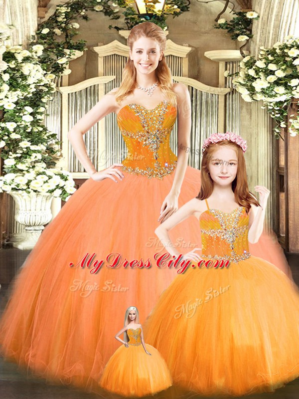 Affordable Orange Red Tulle Lace Up Sweet 16 Dresses Sleeveless Floor Length Beading