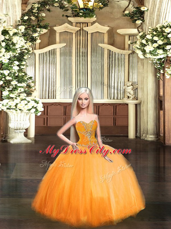 Affordable Orange Red Tulle Lace Up Sweet 16 Dresses Sleeveless Floor Length Beading