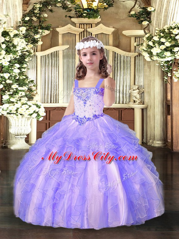 Straps Sleeveless Pageant Dress for Womens Floor Length Beading and Ruffles Lavender Organza