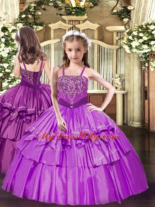 Excellent Lilac Sleeveless Floor Length Beading and Ruffled Layers Lace Up Little Girls Pageant Dress Wholesale