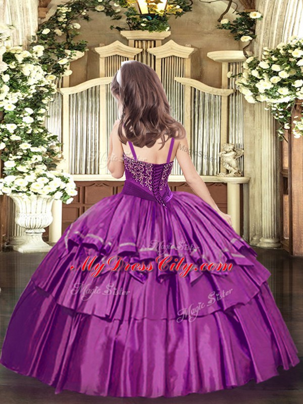 Excellent Lilac Sleeveless Floor Length Beading and Ruffled Layers Lace Up Little Girls Pageant Dress Wholesale