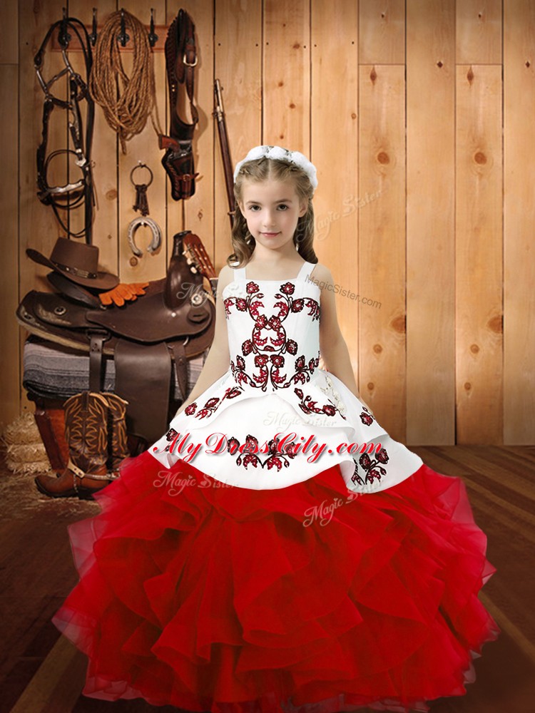 Red Organza Lace Up Pageant Dress Toddler Sleeveless Floor Length Embroidery and Ruffles