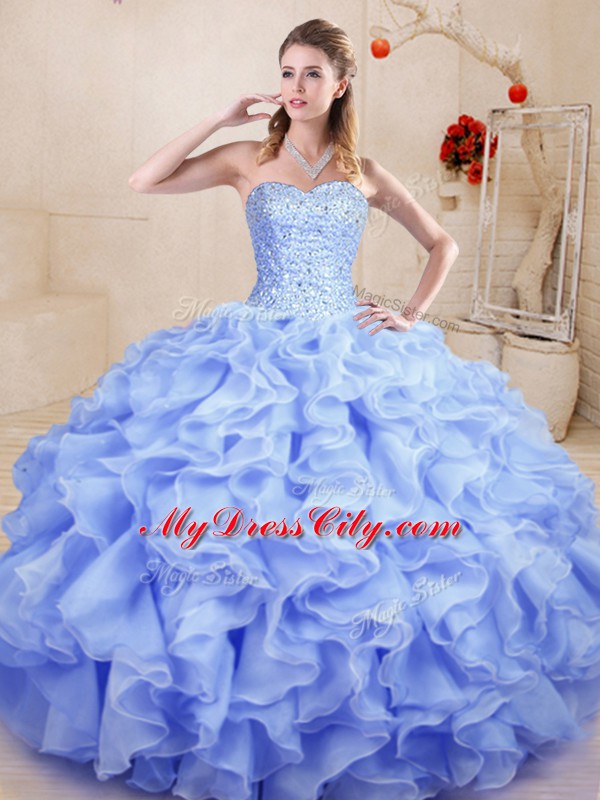 Lavender Organza Lace Up Sweetheart Sleeveless Floor Length Sweet 16 Dress Beading and Ruffles