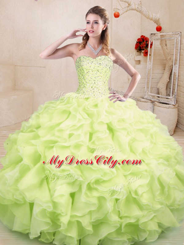 Yellow Green Lace Up Sweetheart Beading and Ruffles Ball Gown Prom Dress Organza Sleeveless