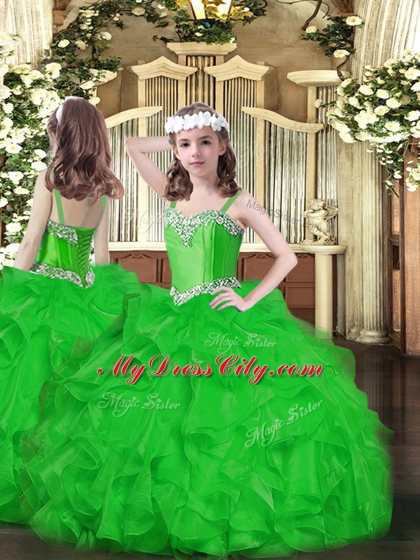 Sleeveless Organza Floor Length Lace Up Child Pageant Dress in Green with Beading and Ruffles