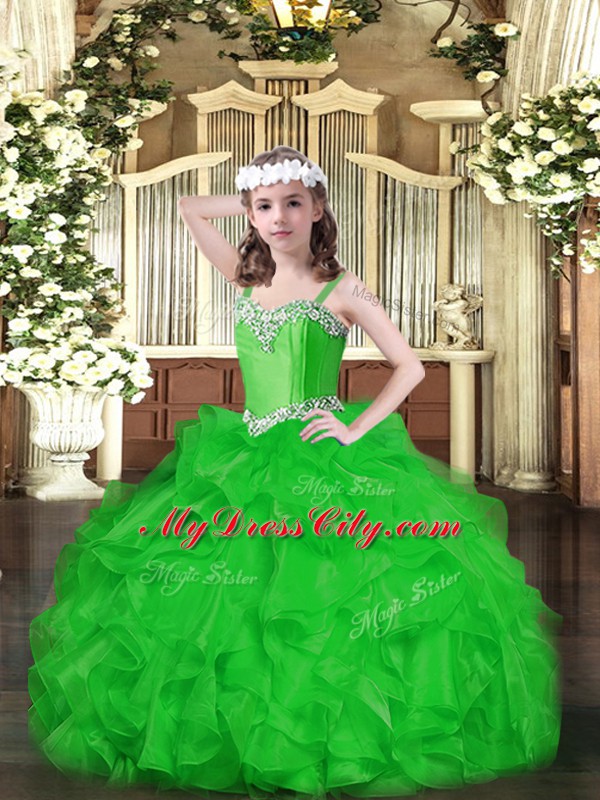 Sleeveless Organza Floor Length Lace Up Child Pageant Dress in Green with Beading and Ruffles