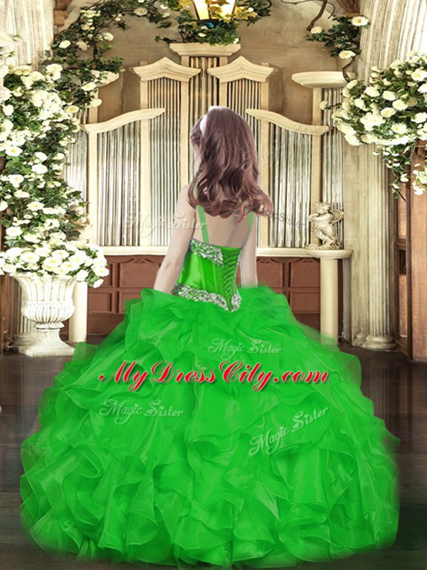 Sleeveless Organza Floor Length Lace Up Child Pageant Dress in Green with Beading and Ruffles