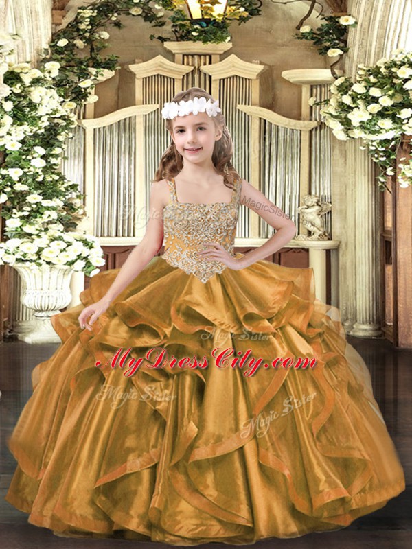 Brown Sleeveless Floor Length Beading and Ruffles Lace Up Little Girl Pageant Gowns