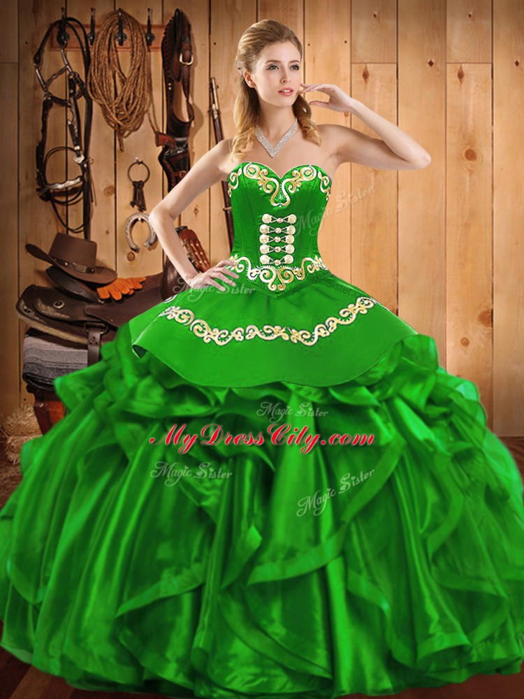 Classical Green Lace Up Quinceanera Dresses Embroidery and Ruffles Sleeveless Floor Length