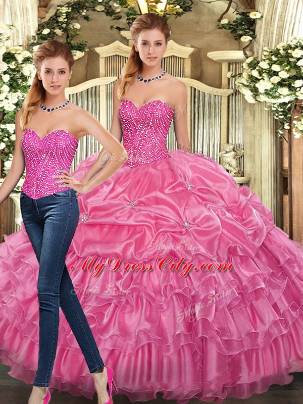 Nice Sweetheart Sleeveless Lace Up 15 Quinceanera Dress Rose Pink Organza