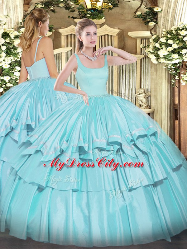 Straps Sleeveless Organza and Taffeta Quinceanera Gowns Beading and Ruffled Layers Zipper