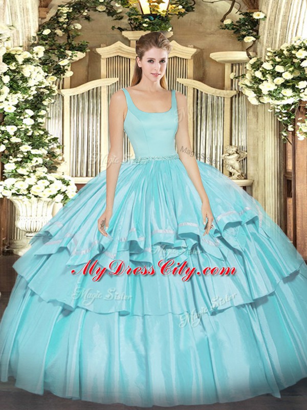 Straps Sleeveless Organza and Taffeta Quinceanera Gowns Beading and Ruffled Layers Zipper