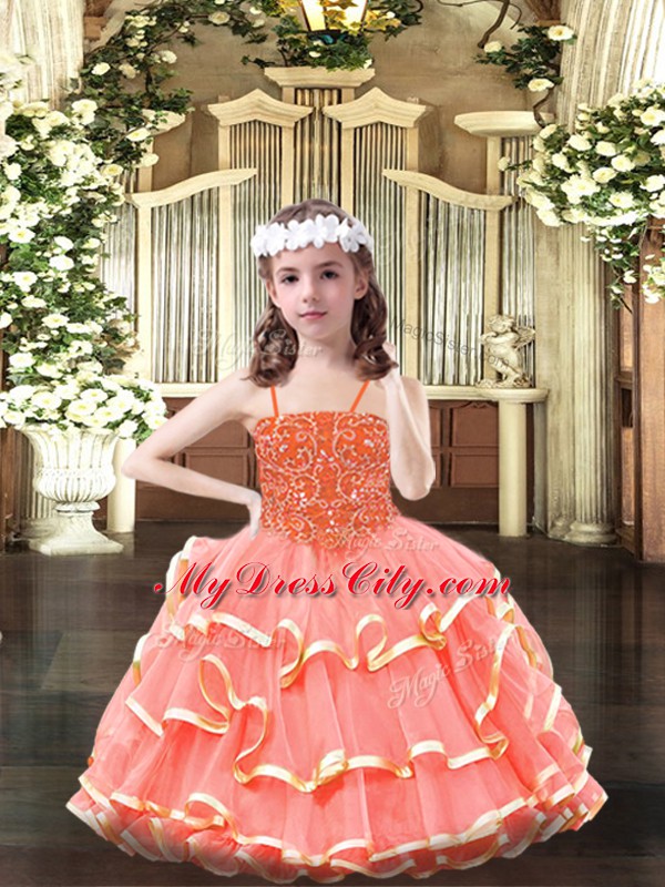 Beading and Ruffled Layers Little Girl Pageant Gowns Watermelon Red Lace Up Sleeveless Floor Length