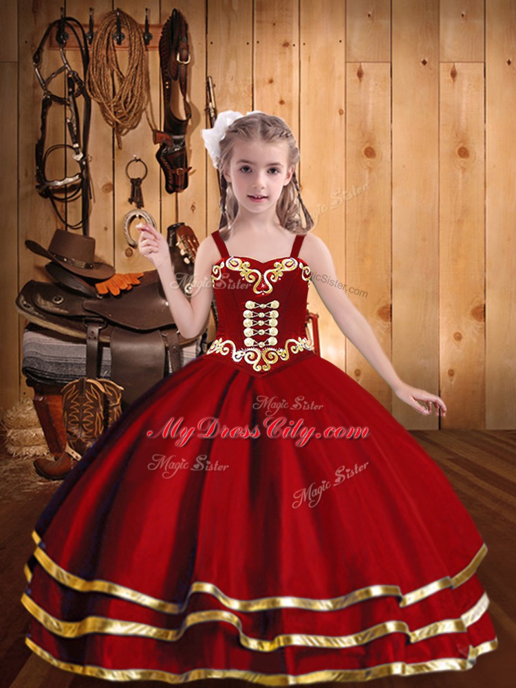 Red Sleeveless Floor Length Beading and Embroidery and Ruffled Layers Lace Up Glitz Pageant Dress