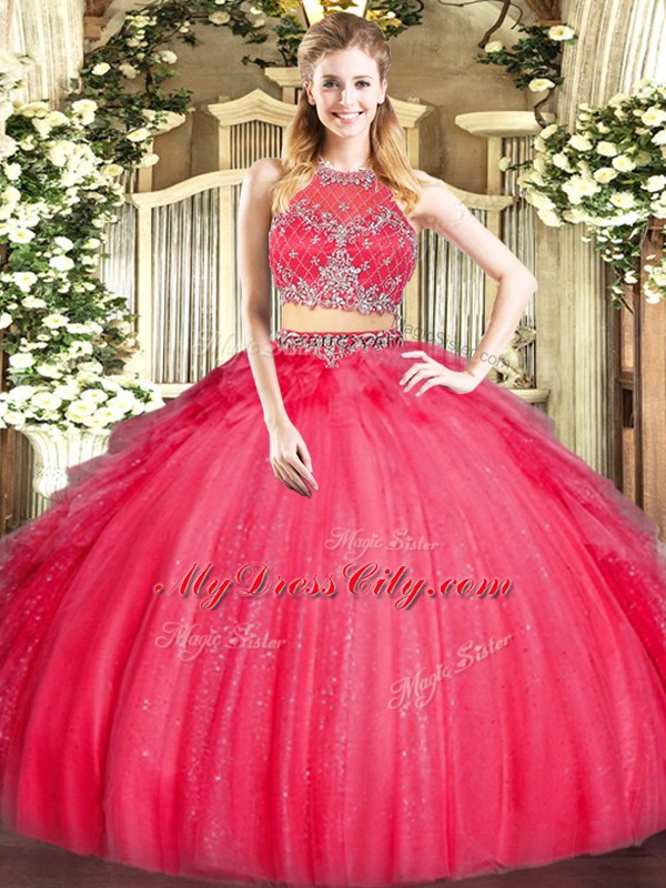 Red Zipper Scoop Beading and Ruffles Quinceanera Gown Tulle Sleeveless