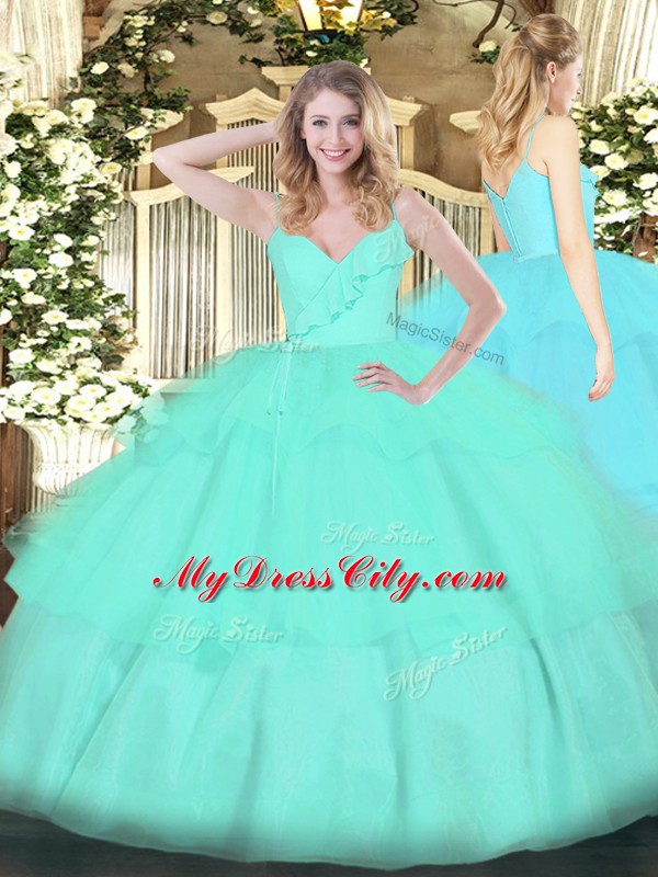 Sleeveless Floor Length Ruffled Layers Zipper Quinceanera Gown with Apple Green