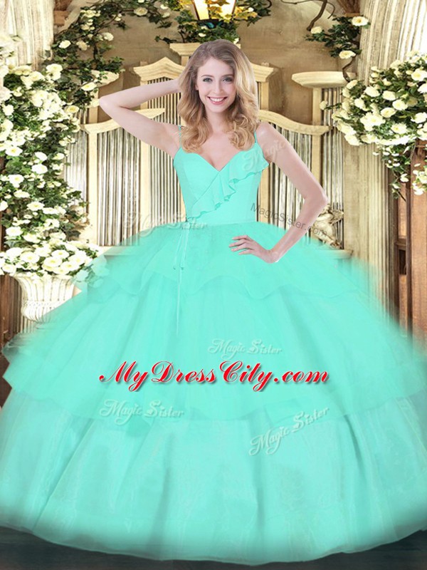 Sleeveless Floor Length Ruffled Layers Zipper Quinceanera Gown with Apple Green