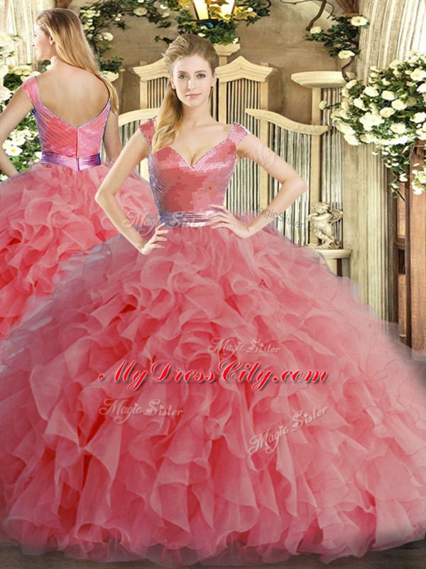 Watermelon Red Ball Gowns Ruffles Vestidos de Quinceanera Zipper Organza Sleeveless Floor Length