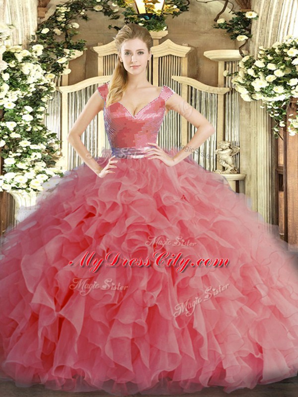 Watermelon Red Ball Gowns Ruffles Vestidos de Quinceanera Zipper Organza Sleeveless Floor Length