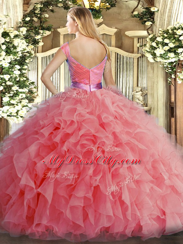 Watermelon Red Ball Gowns Ruffles Vestidos de Quinceanera Zipper Organza Sleeveless Floor Length