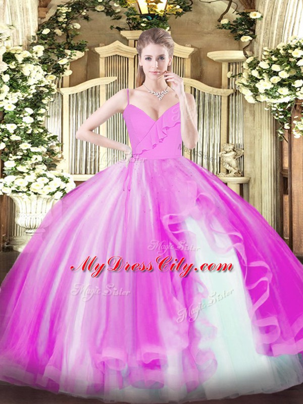 Tulle Spaghetti Straps Sleeveless Zipper Ruffles Sweet 16 Dresses in Fuchsia