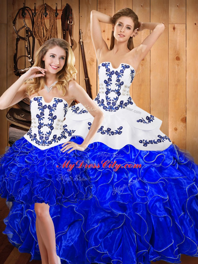 Spectacular Satin and Organza Strapless Sleeveless Lace Up Embroidery and Ruffles Ball Gown Prom Dress in Blue And White