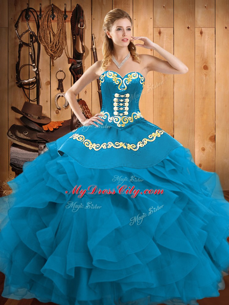 Latest Teal Satin and Organza Lace Up Ball Gown Prom Dress Sleeveless Floor Length Embroidery and Ruffles