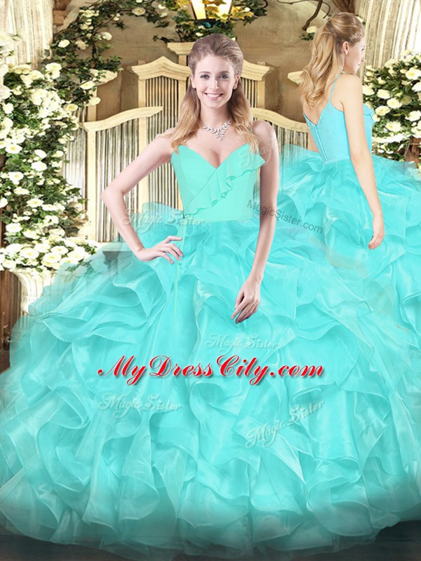 Chic Aqua Blue Organza Zipper 15th Birthday Dress Sleeveless Floor Length Ruffles