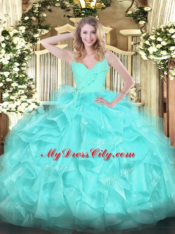 Chic Aqua Blue Organza Zipper 15th Birthday Dress Sleeveless Floor Length Ruffles