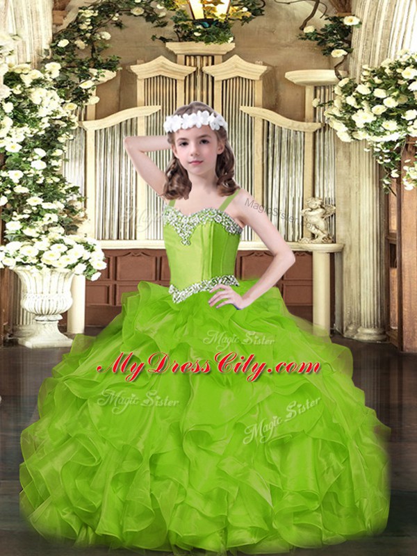 Custom Fit Ball Gowns Organza Straps Sleeveless Beading and Ruffles Floor Length Lace Up Pageant Dress for Girls