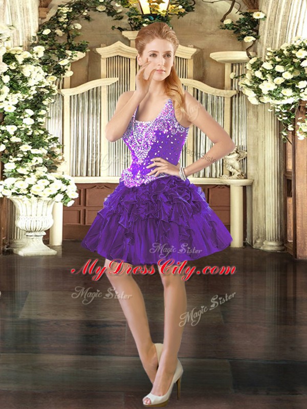 Clearance Purple Sleeveless Mini Length Beading and Ruffles Lace Up