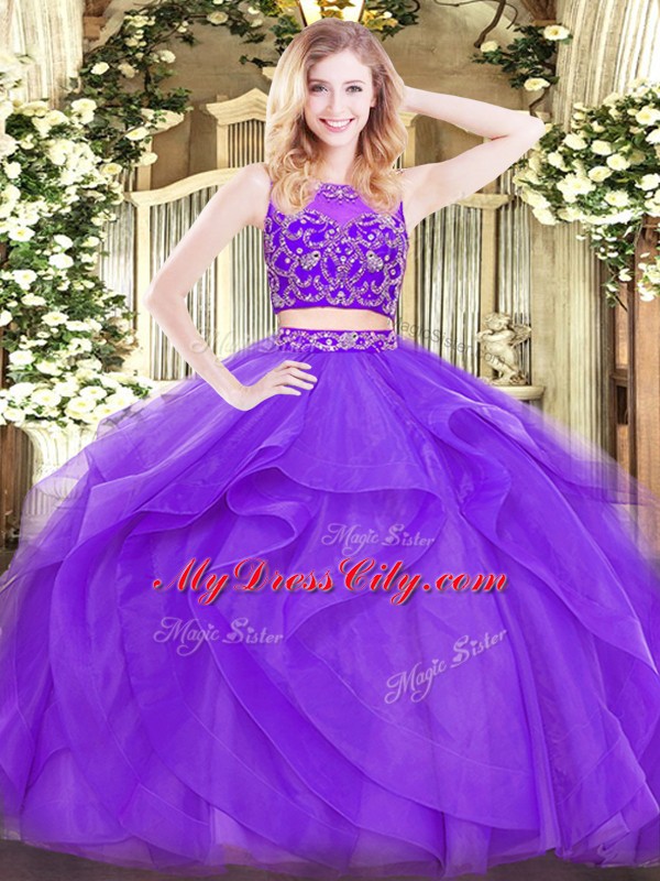 Lavender Tulle Zipper Quinceanera Gown Sleeveless Floor Length Beading and Ruffles