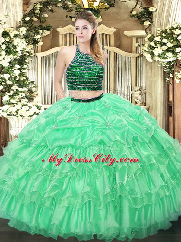 Colorful Organza Halter Top Sleeveless Zipper Beading and Ruffled Layers Quinceanera Gowns in Apple Green