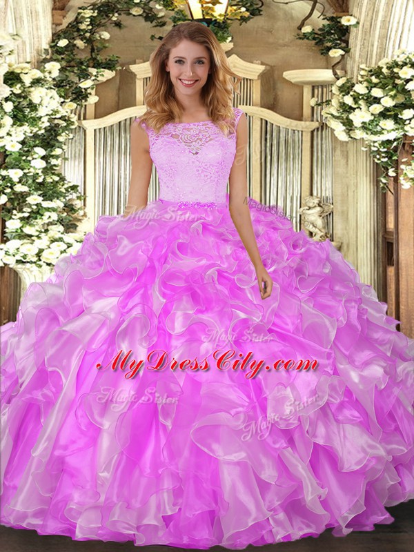 Custom Made Sleeveless Floor Length Lace and Ruffles Clasp Handle Quinceanera Dress with Lilac