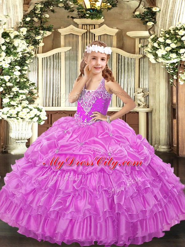 Stunning Lilac Ball Gowns Beading and Ruffled Layers and Pick Ups Pageant Gowns Lace Up Organza Sleeveless Floor Length