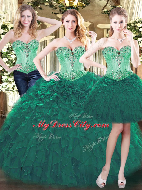 Elegant Sweetheart Sleeveless Sweet 16 Quinceanera Dress Floor Length Beading and Ruffles Green Organza