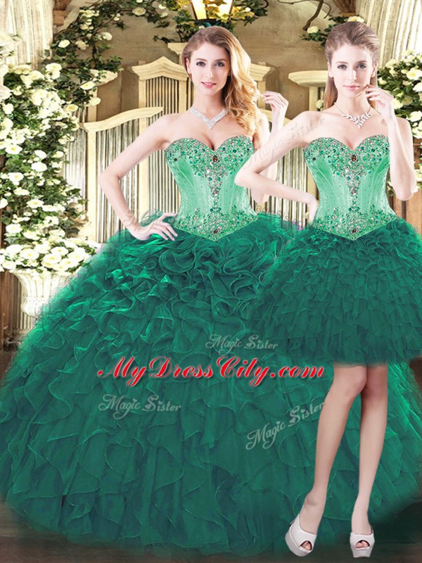 Elegant Sweetheart Sleeveless Sweet 16 Quinceanera Dress Floor Length Beading and Ruffles Green Organza