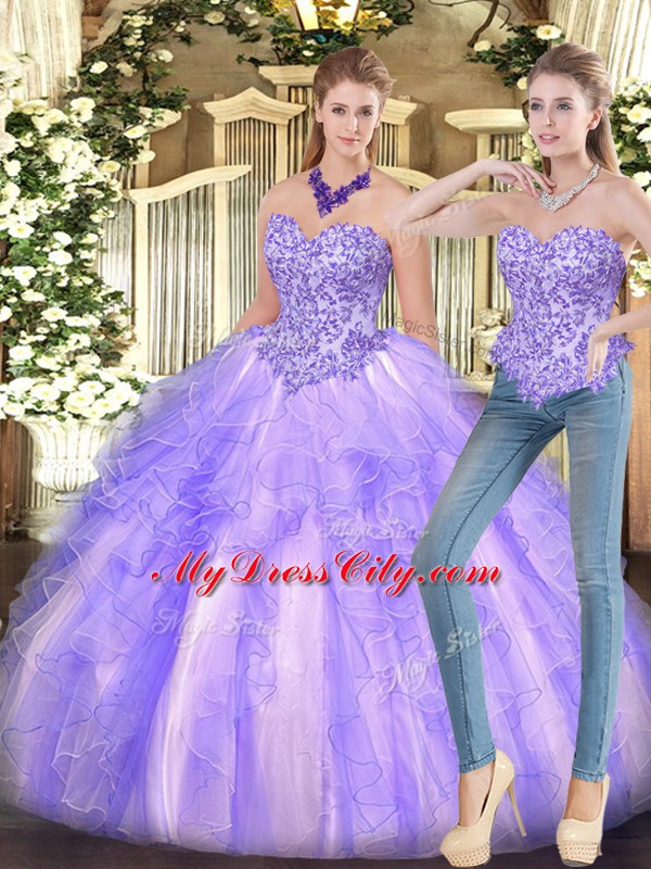 Dramatic Lavender Lace Up Quinceanera Gown Appliques and Ruffles Sleeveless Floor Length