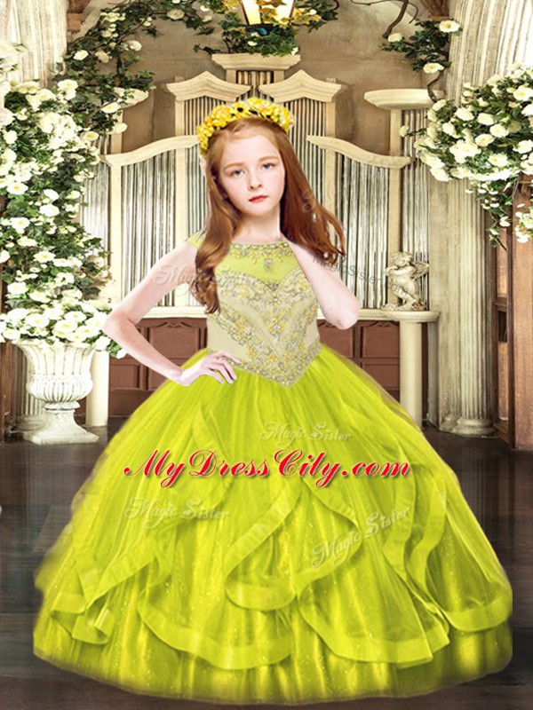 Yellow Green Tulle Zipper Scoop Sleeveless Floor Length Little Girls Pageant Gowns Beading and Ruffles