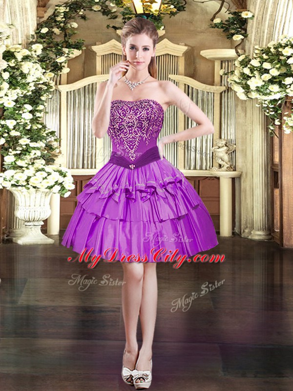 Latest Purple Lace Up Dress for Prom Beading Sleeveless Mini Length