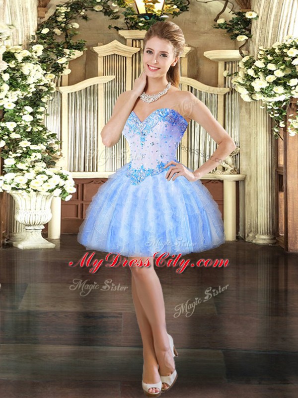 Hot Selling Baby Blue Sweetheart Lace Up Beading and Ruffles Homecoming Dress Sleeveless