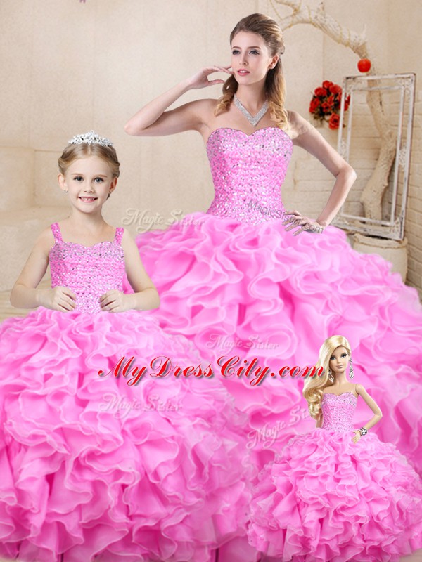 Rose Pink Ball Gowns Sweetheart Sleeveless Organza Floor Length Lace Up Beading and Ruffles Vestidos de Quinceanera