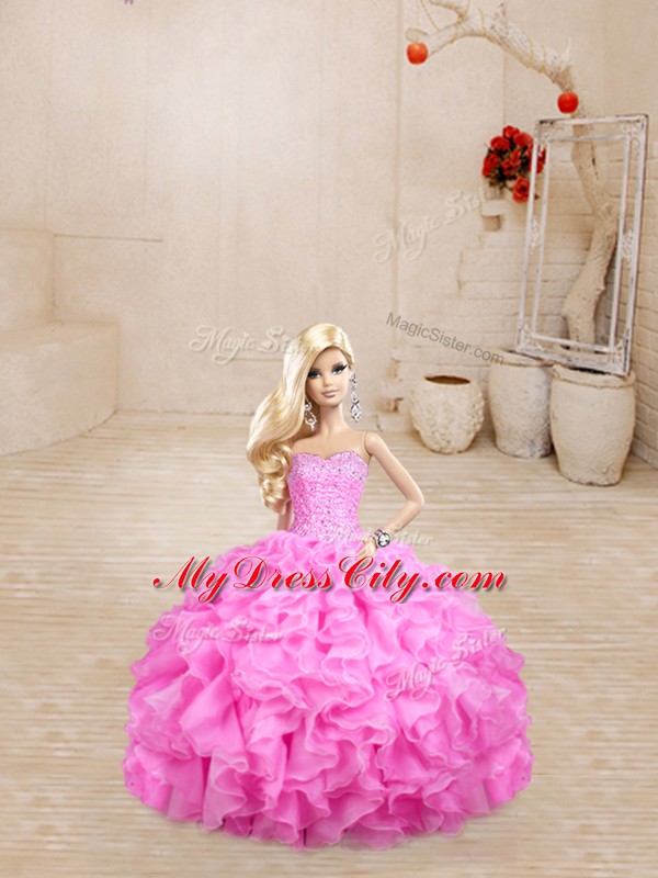 Rose Pink Ball Gowns Sweetheart Sleeveless Organza Floor Length Lace Up Beading and Ruffles Vestidos de Quinceanera