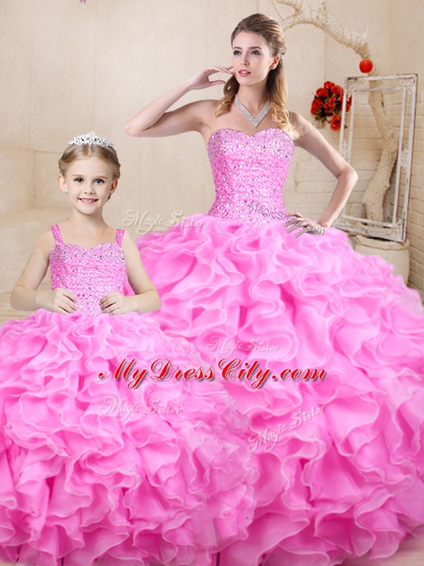 Rose Pink Ball Gowns Sweetheart Sleeveless Organza Floor Length Lace Up Beading and Ruffles Vestidos de Quinceanera