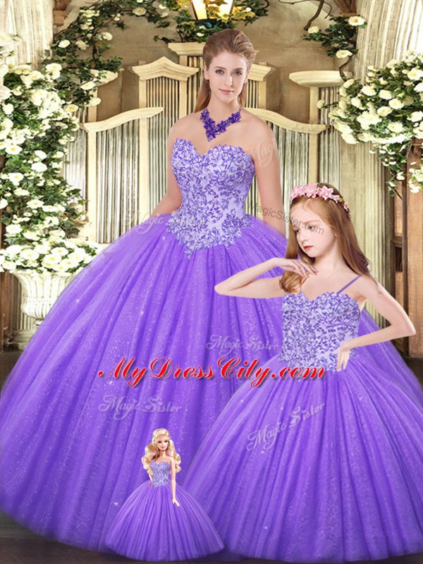 Elegant Eggplant Purple Ball Gowns Sweetheart Sleeveless Tulle Floor Length Lace Up Beading Sweet 16 Dress