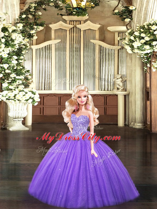 Elegant Eggplant Purple Ball Gowns Sweetheart Sleeveless Tulle Floor Length Lace Up Beading Sweet 16 Dress